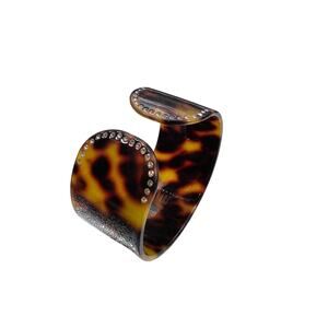 Vintage Faux Tortoise Shell & Rhinestones Wide Acrylic Cuff Bracelet